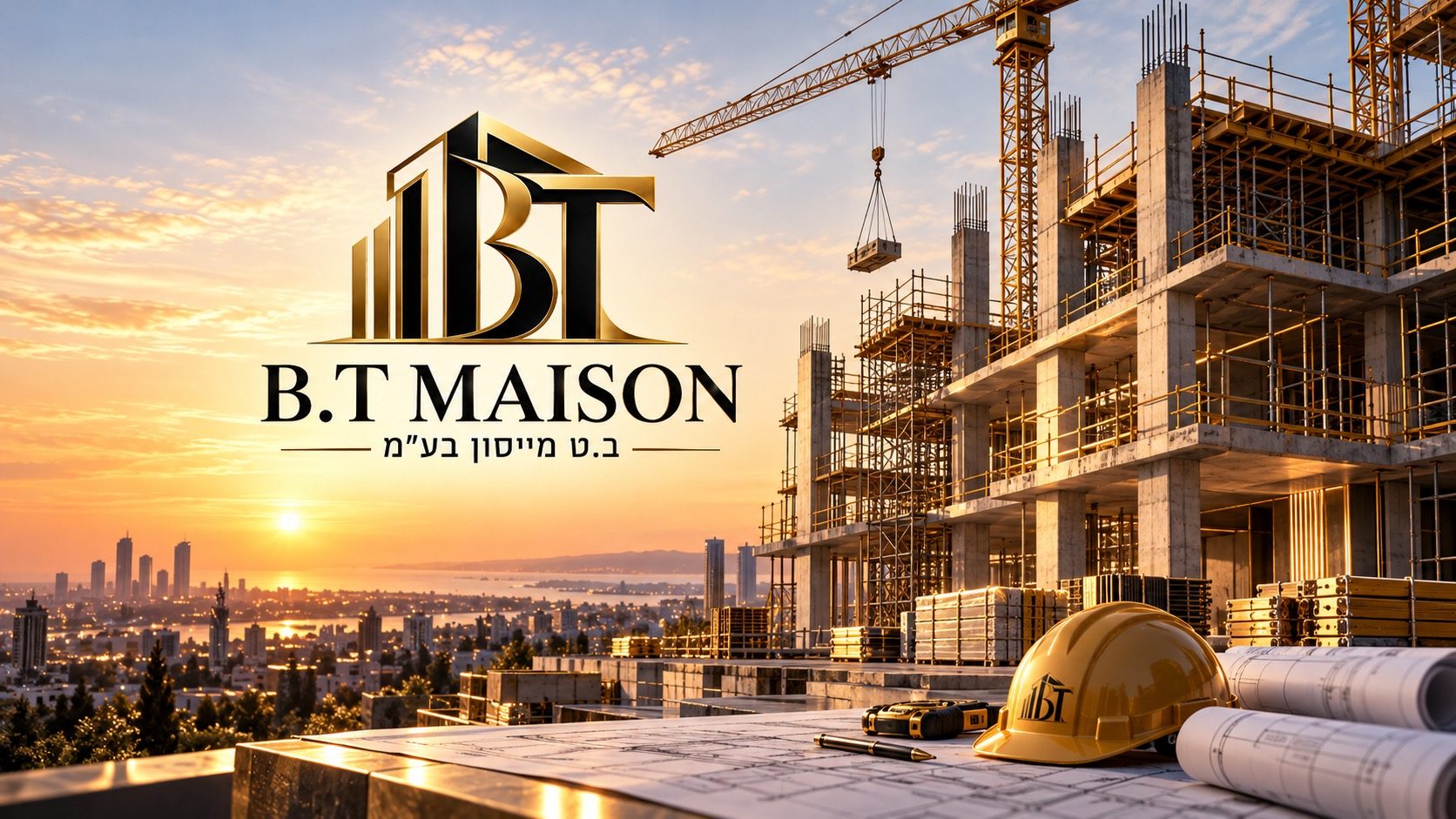B.T Maison logo over a construction site at sunset